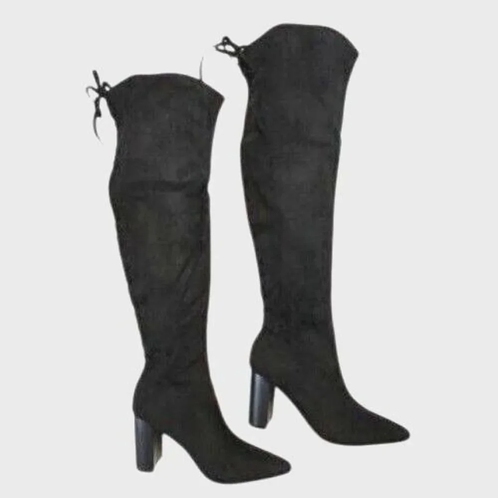 Black Over-The-Knee Suede Boots Women Size 5.5 Lace-Up Fashion 3.5 In Heels NEW